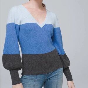 White House Black Market Blue Color-block V-neck Sweater